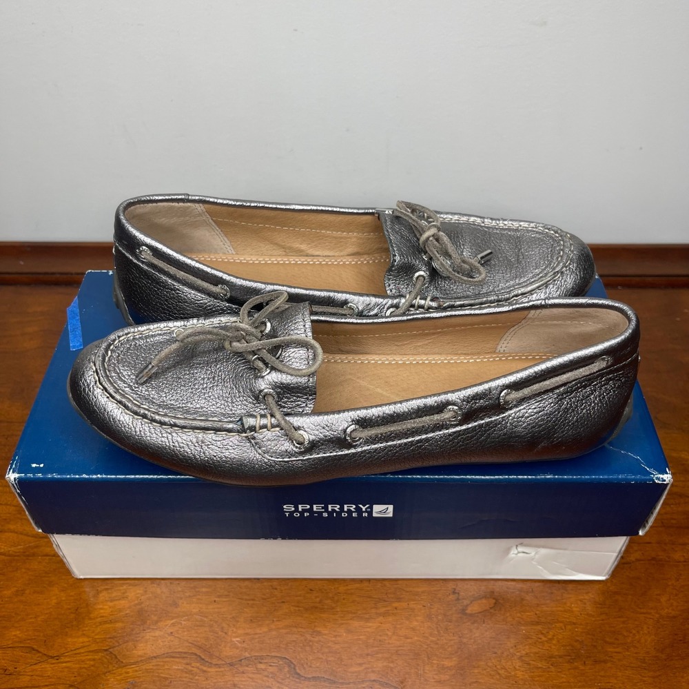 Sperry Top-Sider Laura Pewter Metallic‎ Leather Driving Loafers Womens 5.5 M
